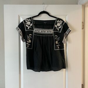 Madewell Floral Embroidered Black Top